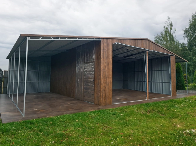 garaz-blaszany-dwustanowiskowy-z-wiatami-12x7,5m-orzech-2.jpg