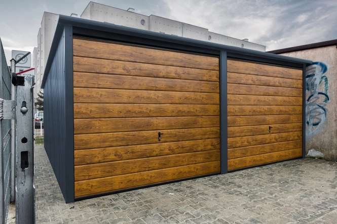 Garaż blaszany 6x6m Matowy Grafit + Dąb rustykalny